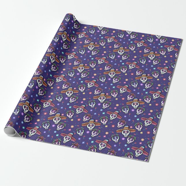 Dia De Los Muertos Skulls Wrapping Paper (Unrolled)