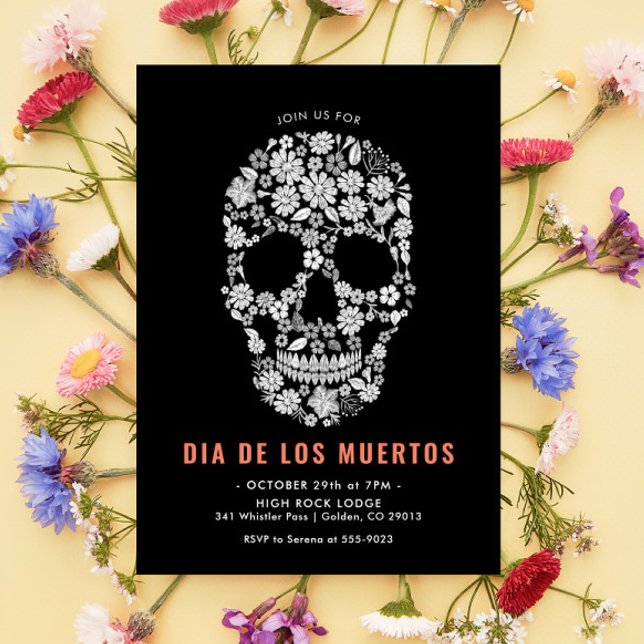 Dia de los Muertos Sugar Skull Black Floral Invitation (Creator Uploaded)