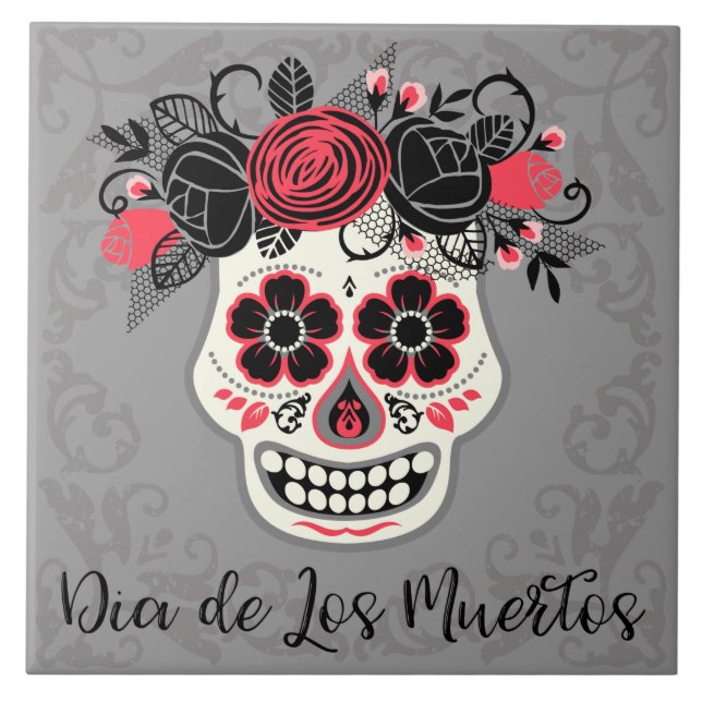 Dia de los Muertos Sugar Skull Ceramic Tile (Front)