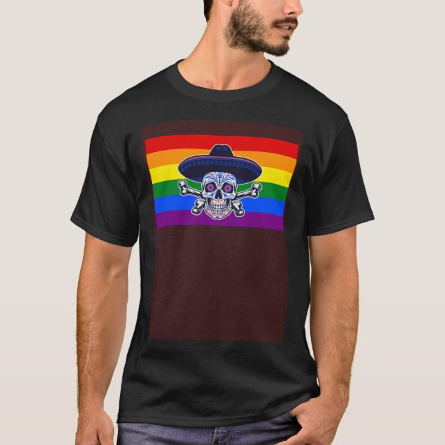 Dia De Los Muertos Sugar Skull Gay Pride Flag Mexi T-Shirt (Front)