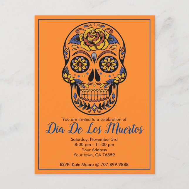 Dia De Los Muertos Sugar Skull Party Invitation Postcard (Front)