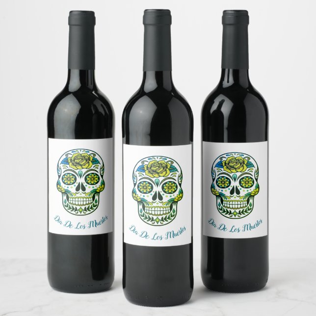 Dia De Los Muertos Sugar Skull Party White Wine Label (Bottles)