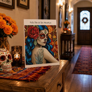 Día de los Muertos Sugar Skull Woman Red Rose Holiday Card