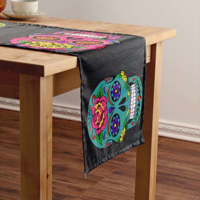 Día de los Muertos Sugar Skulls Dark Trees 14X72" Short Table Runner (In Situ)