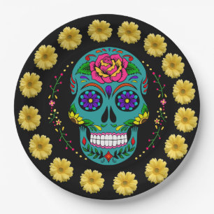 Dia de los Muertos Teal Sugar Skull & Daisies 9" Paper Plate