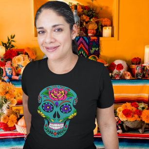Dia de los Muertos Teal Sugar Skull Halloween T-Shirt