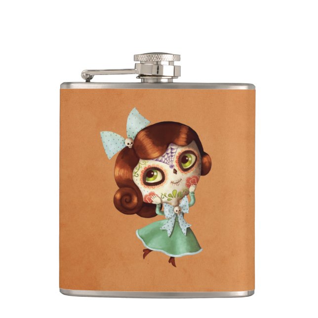Dia de Los Muertos Vintage Doll Hip Flask (Front)