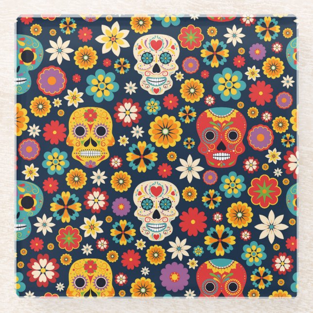 Dia de los Muertos Vintage Glass Coaster (Front)
