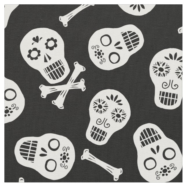 Dia de los Muertos White Paper Skulls Pattern Fabric (Close Up)