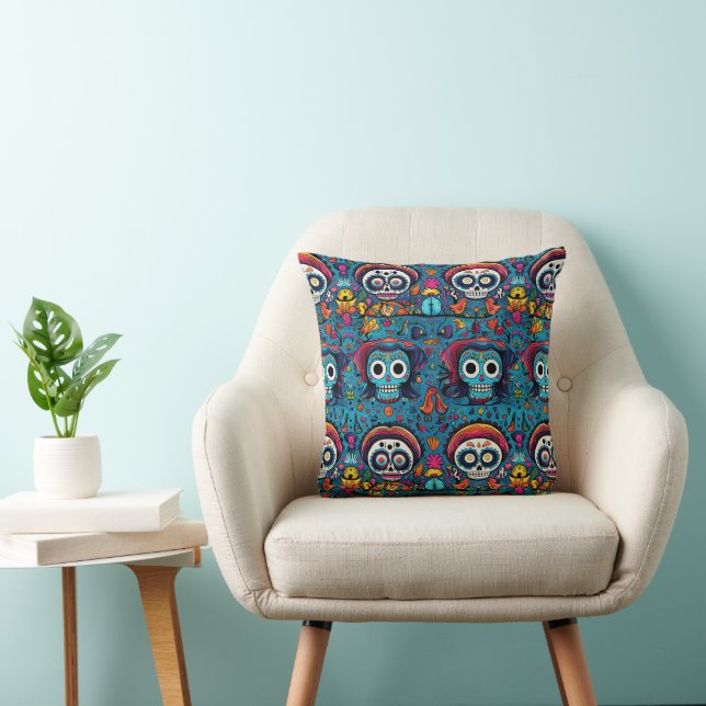 Dia de Muertos, blue sugar skulls pattern Cushion (Chair)