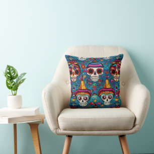 Dia de Muertos, blue sugar skulls pattern Cushion
