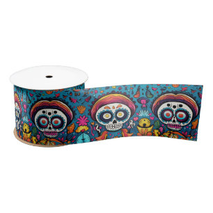 Dia de Muertos, blue sugar skulls pattern Satin Ribbon