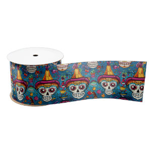Dia de Muertos, blue sugar skulls pattern Satin Ribbon