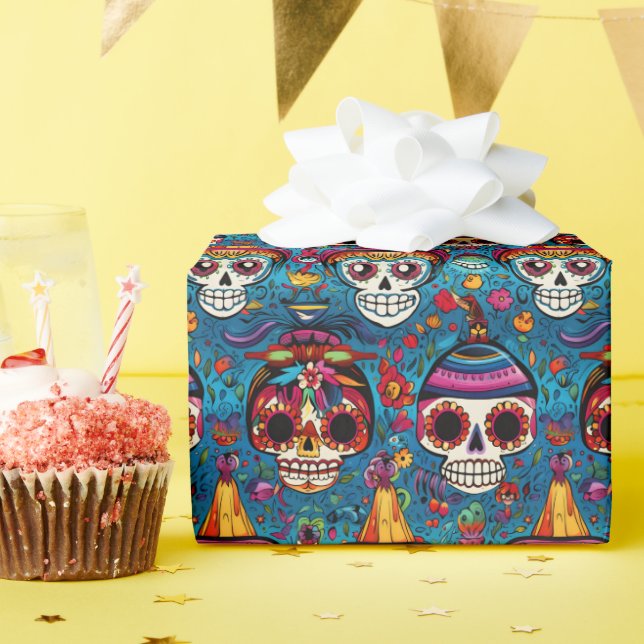 Dia de Muertos, blue sugar skulls pattern Wrapping Paper (Birthday Party)