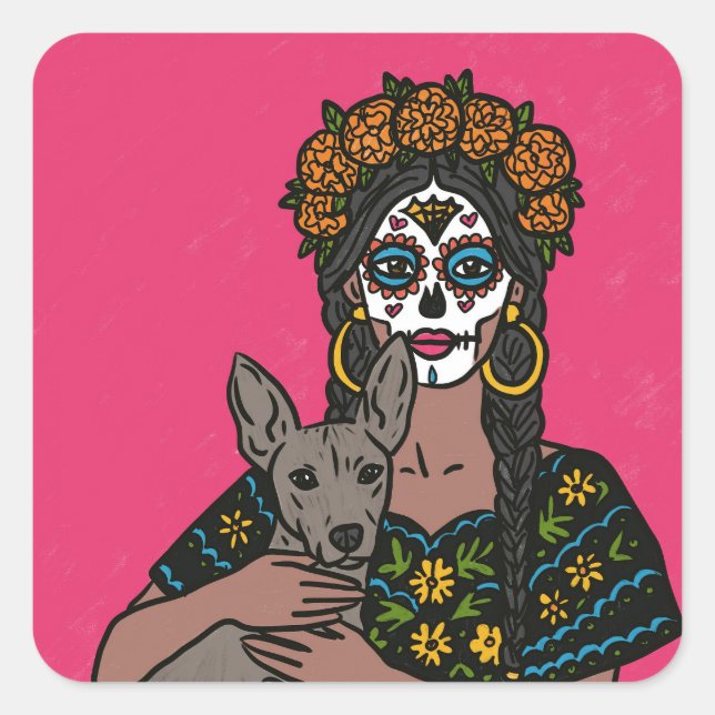 Dia de Muertos Marigold and Xolo Dog Stickers (Front)