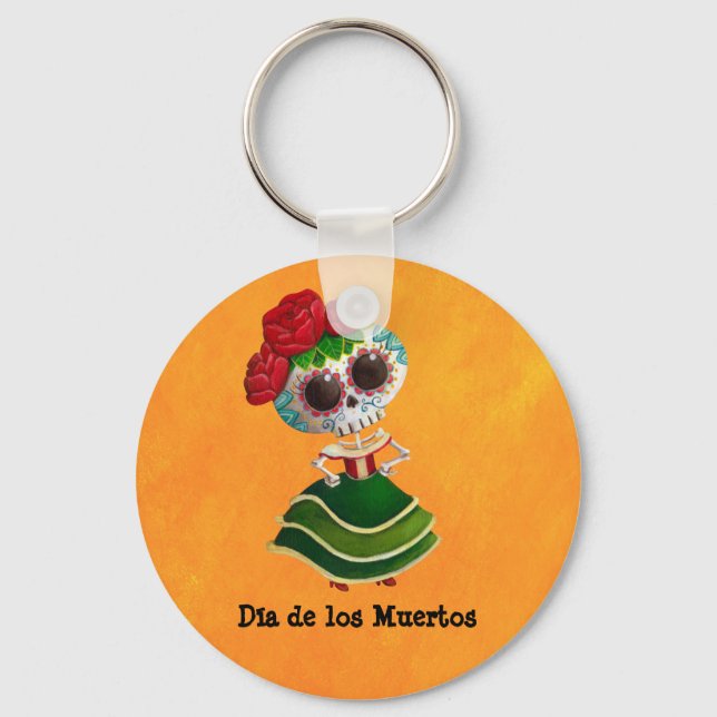 Dia de Muertos Mexican Miss Death Key Ring (Front)