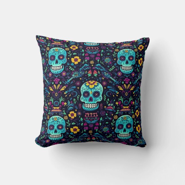 Día de Muertos Reverie: Turquoise Sugar Skull Spec Cushion (Front)