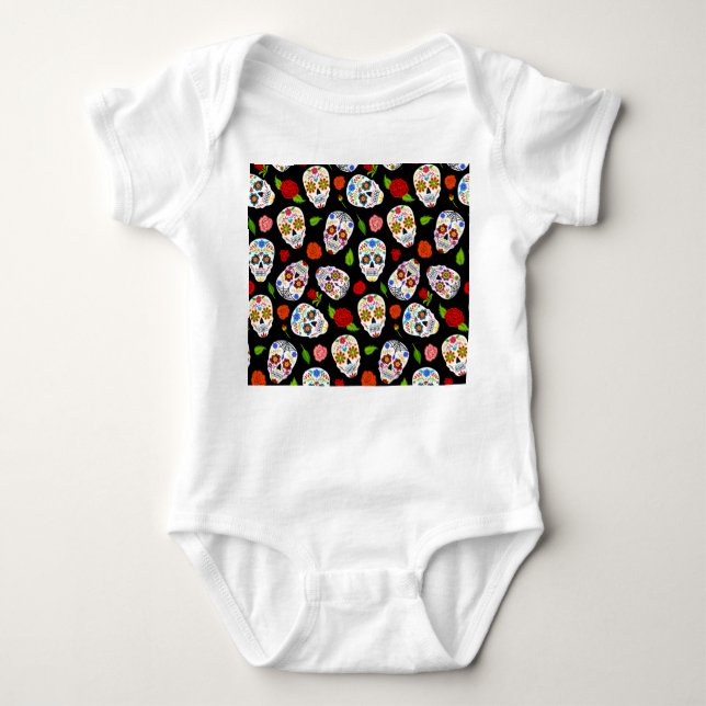 Dia Los Muertos: sugar skulls pattern. Baby Bodysuit (Front)