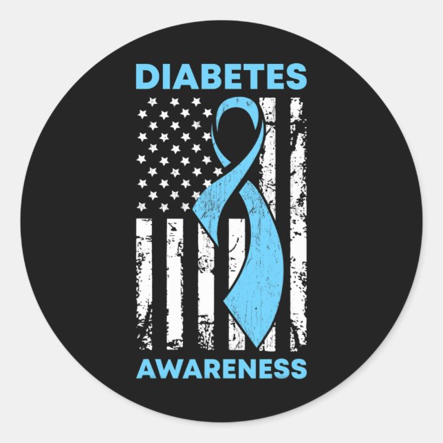Diabetes Awareness American US Flag Blue Ribbon T1 Classic Round Sticker (Front)