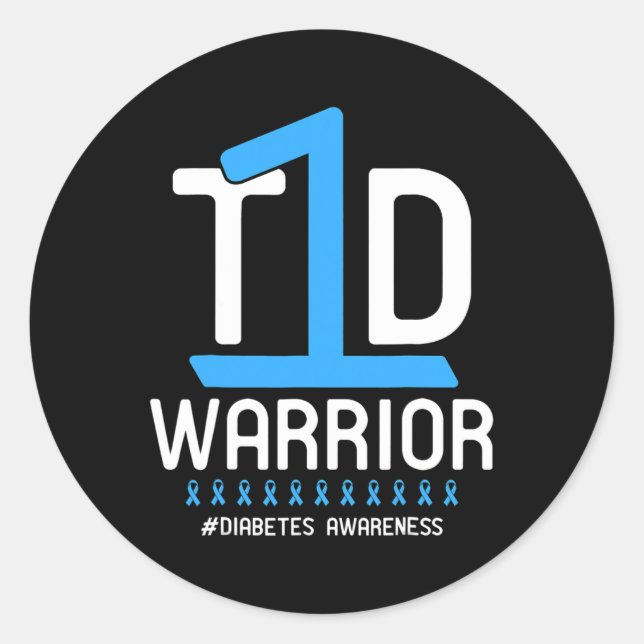 Diabetes Awareness Blue Ribbon T1D Warrior  Classic Round Sticker (Front)