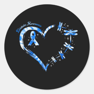 Diabetes Awareness Heart Dragonflies Blue Ribbon W Classic Round Sticker