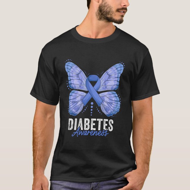Diabetes Awareness Month Butterfly Dark Blue Ribbo T-Shirt (Front)