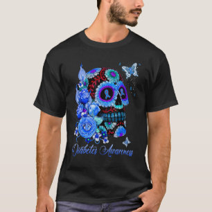 Diabetes Awareness Skull Blue Ribbon Rose Butterfl T-Shirt