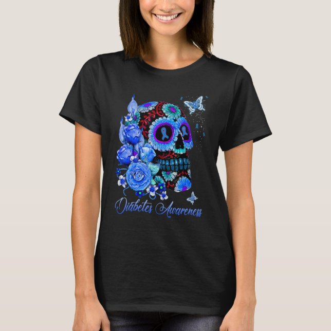 Diabetes Awareness Skull Blue Ribbon Rose Butterfl T-Shirt (Front)