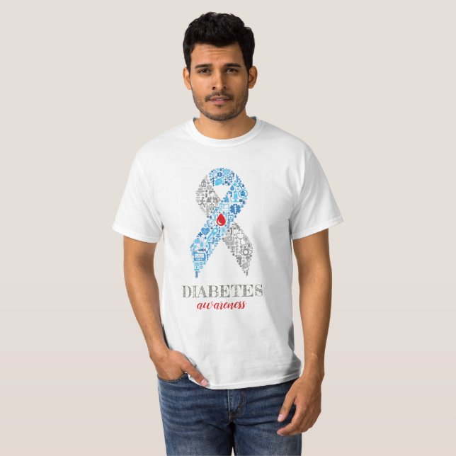 Diabetes Awarness Ribbon with Treatment Symbols T-Shirt (Front Full)
