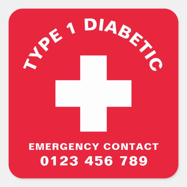 Diabetes emergency contact 2 Diabetic Red  Square Sticker (Front)