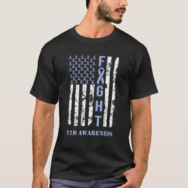Diabetes T1D Awareness Month Fight Flag Blue Ribbo T-Shirt (Front)