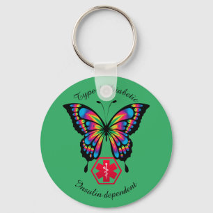 Diabetic Alert Type 1 or 2  Personalise Butterfly Key Ring