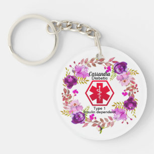 Diabetic Floral Medical Alert Type 1 Key Ring