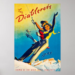 Diablerets, mountain, couple on a ski lift poster