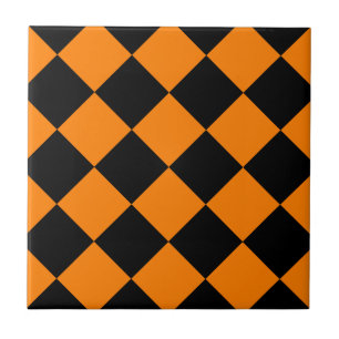 Diag Chequered Large - Black and Orange Ceramic Tile