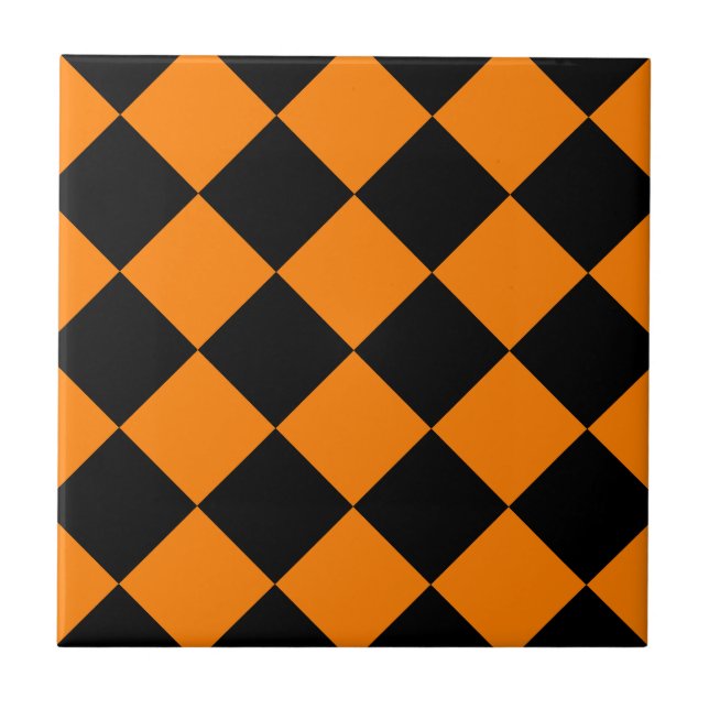 Diag Chequered Large - Black and Orange Ceramic Tile (Front)