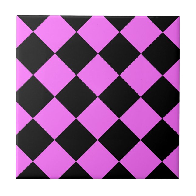 Diag Chequered Large - Black and Ultra Pink Ceramic Tile (Front)