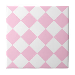 Diag Chequered Large - White and Cotton Candy Ceramic Tile