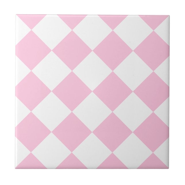 Diag Chequered Large - White and Cotton Candy Ceramic Tile (Front)