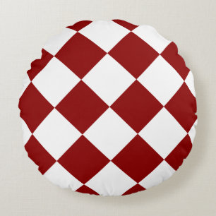 Diag Chequered Large - White and Dark Red Round Cushion