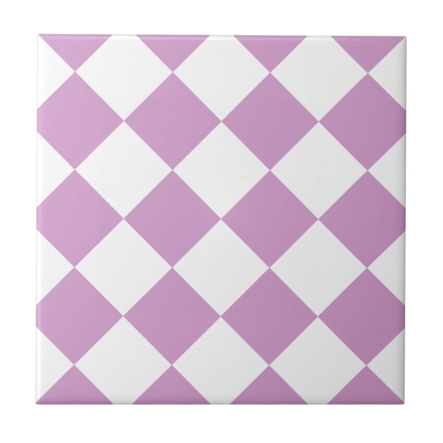 Diag Chequered Large - White and LightMediumOrchid Ceramic Tile (Front)