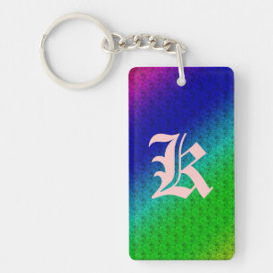 Diag Rainbow Gradient Floral Pattern Blue Green Key Ring