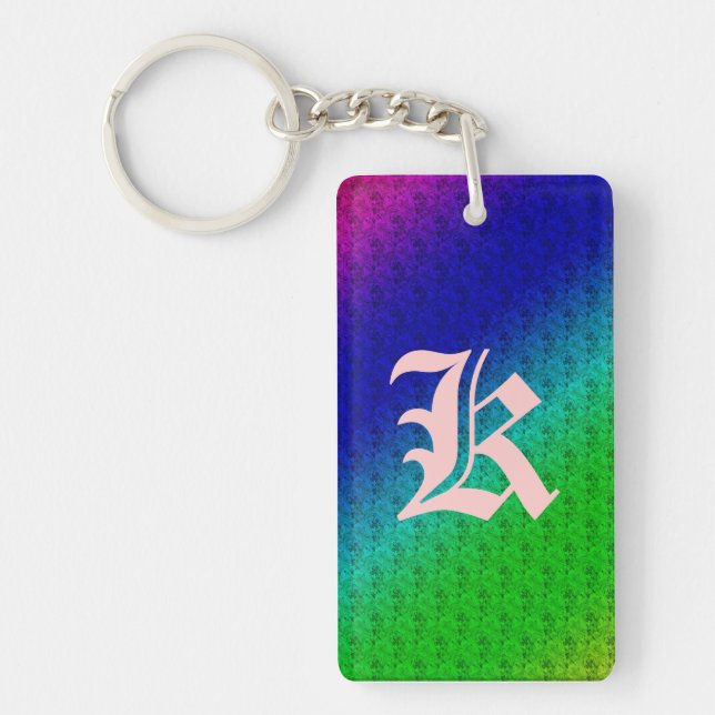 Diag Rainbow Gradient Floral Pattern Blue Green Key Ring (Front)