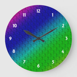 Diag Rainbow Gradient Floral Pattern Blue Green Large Clock