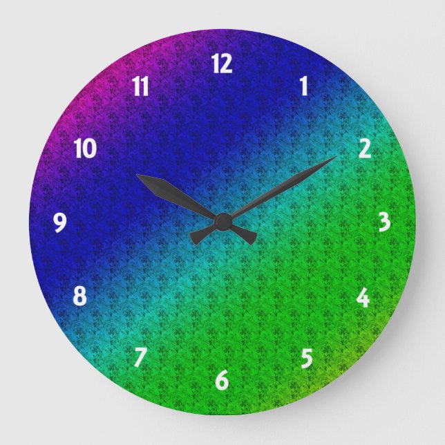 Diag Rainbow Gradient Floral Pattern Blue Green Large Clock (Front)