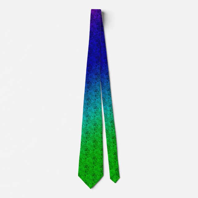 Diag Rainbow Gradient Floral Pattern Blue Green Tie (Front)