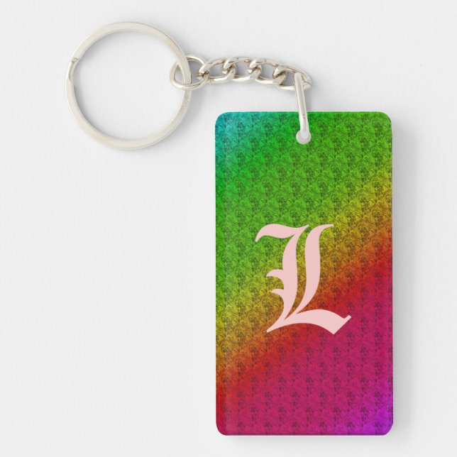 Diag Rainbow Gradient Floral Pattern Red Green Key Ring (Front)