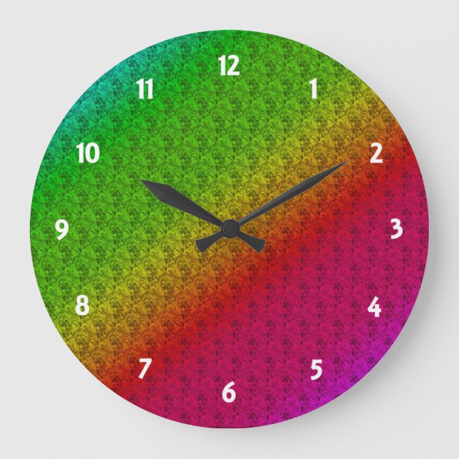Diag Rainbow Gradient Floral Pattern Red Green Large Clock (Front)