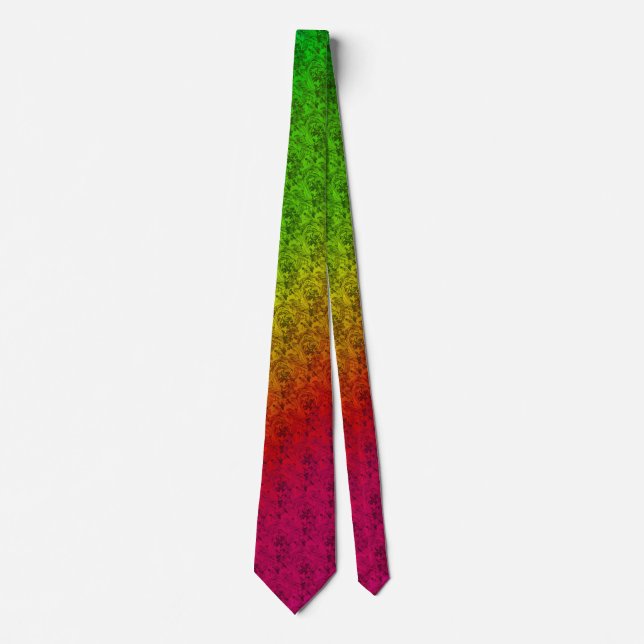 Diag Rainbow Gradient Floral Pattern Red Green Tie (Front)