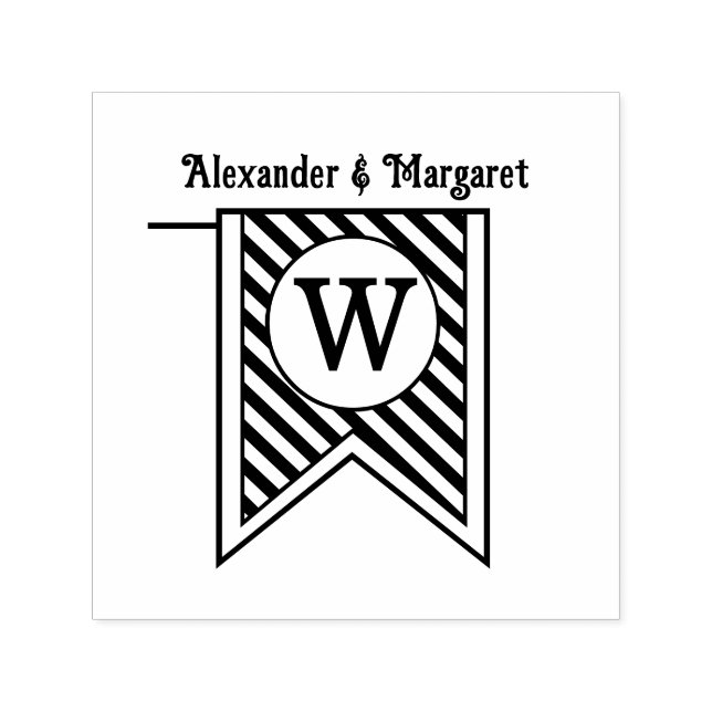 Diag Stripe Banner Monogram Names Couple Wedding Self-inking Stamp (Design)
